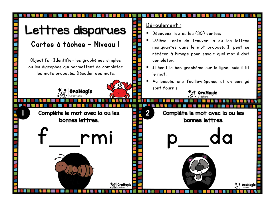 Cartes à tâches - Lettres disparues - Niveau 1 - Graphèmes simples et digraphes Cartes à tâches - Lettres disparues - Niveau 1 - Graphèmes simples et digraphes