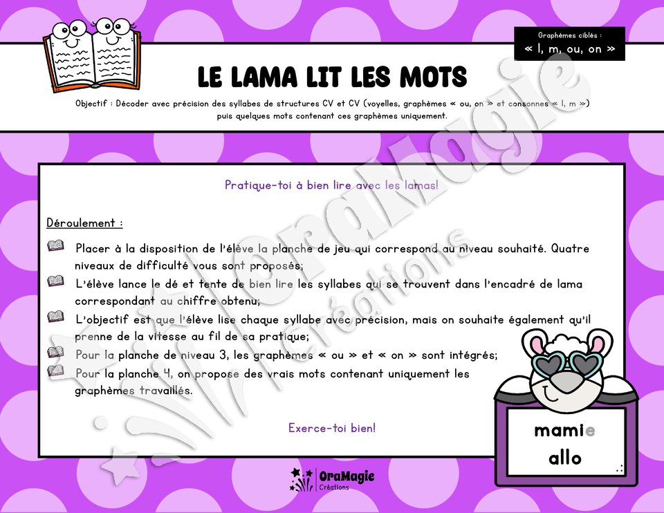 Le lama lit des mots - Décodage syllabes simples CV et VC - voyelles, l, m, ou, on Le lama lit des mots - Décodage syllabes simples CV et VC - voyelles, l, m, ou, on