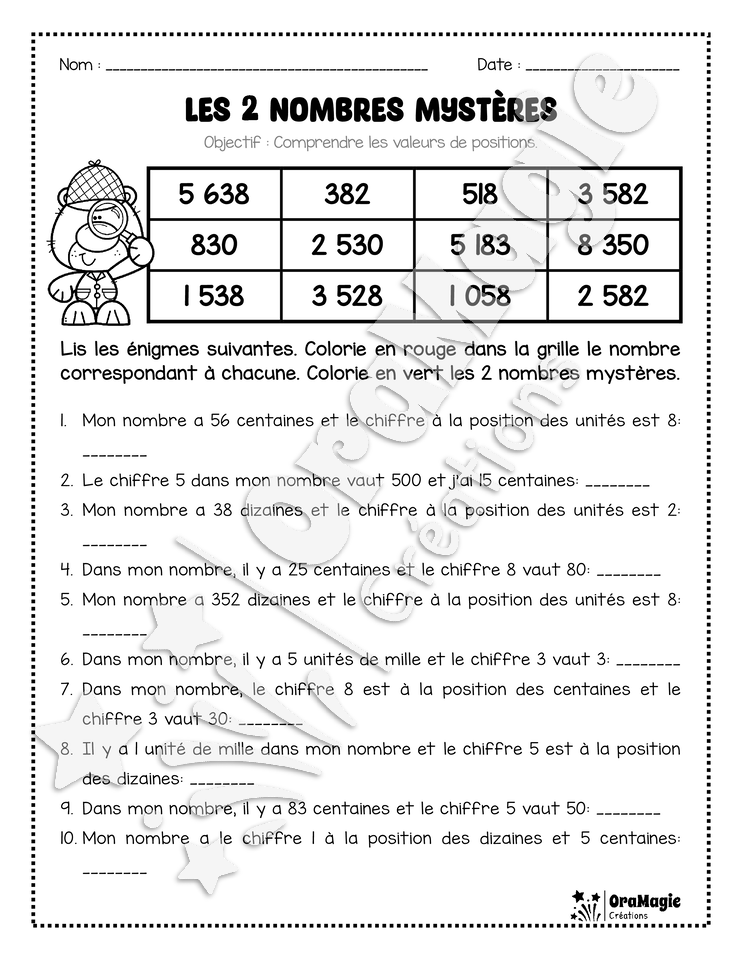 Les 2 nombres mystères - Le détective - Valeurs de positions Les 2 nombres mystères - Le détective - Valeurs de positions