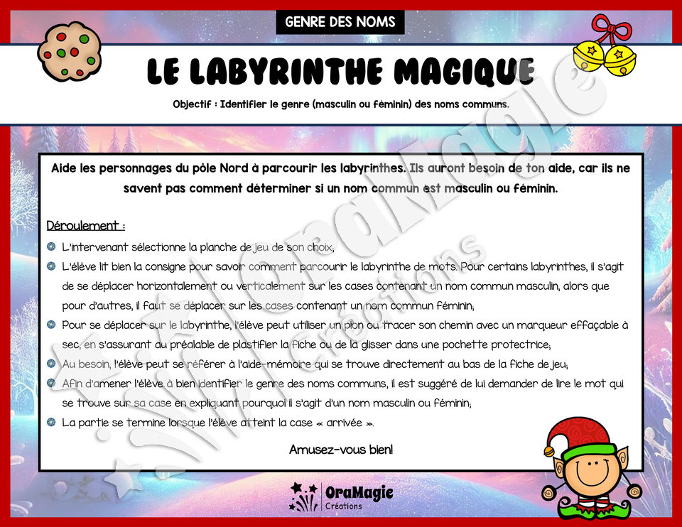Le labyrinthe magique du genre des noms communs - Thème Noël Le labyrinthe magique du genre des noms communs - Thème Noël