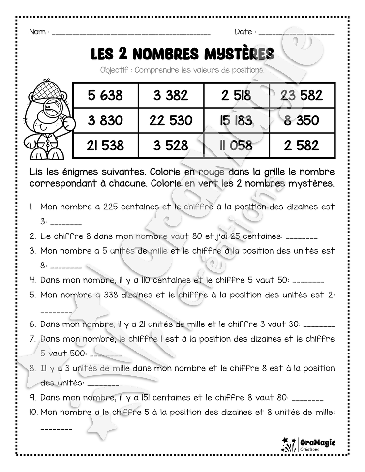 Les 2 nombres mystères - Le détective - Valeurs de positions - 4e année Les 2 nombres mystères - Le détective - Valeurs de positions - 4e année